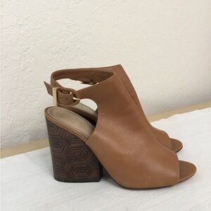 TORY BURCH GROVE OPEN TOE BOOTIES - SIZE 9.5 BROWN LEATHER HEELS - PEEP TOE HEEL